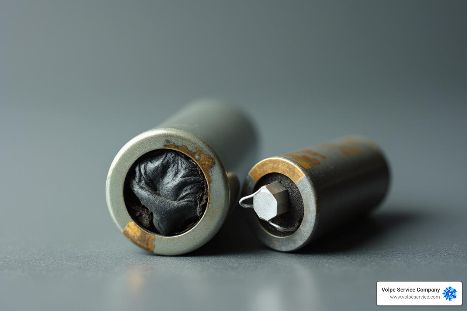 a swollen AC capacitor next to a new one - AC fan motor repair