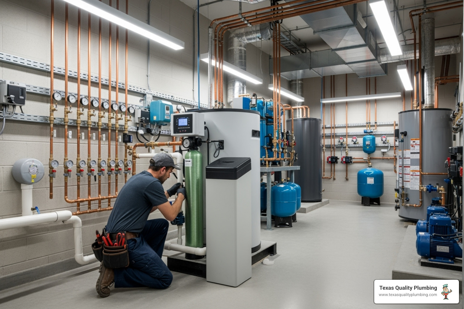 professional plumber installing water softener in commercial utility room - Water softener installation Houston