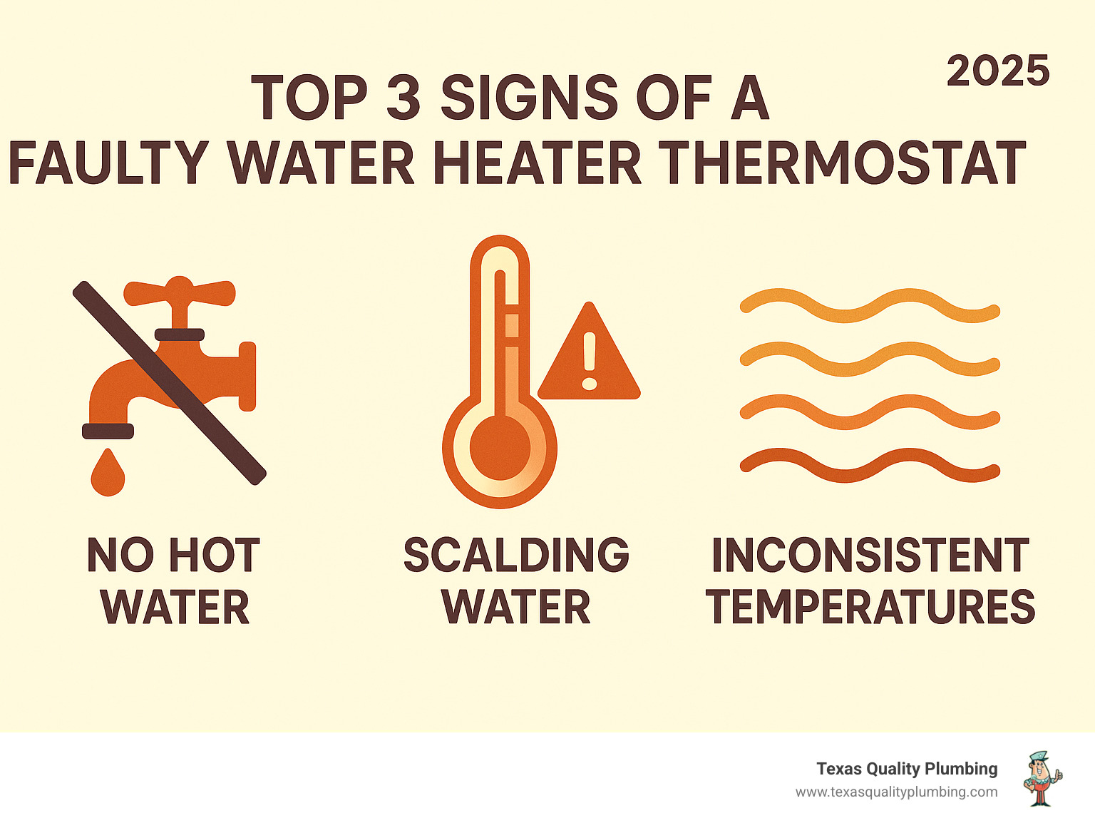 Infographic showing the top 3 signs of a faulty water heater thermostat: a crossed-out hot water tap labeled "No Hot Water," a thermometer with danger symbol labeled "Scalding Water," and wavy temperature lines labeled "Inconsistent Temperatures" - water heater thermostat repair infographic 