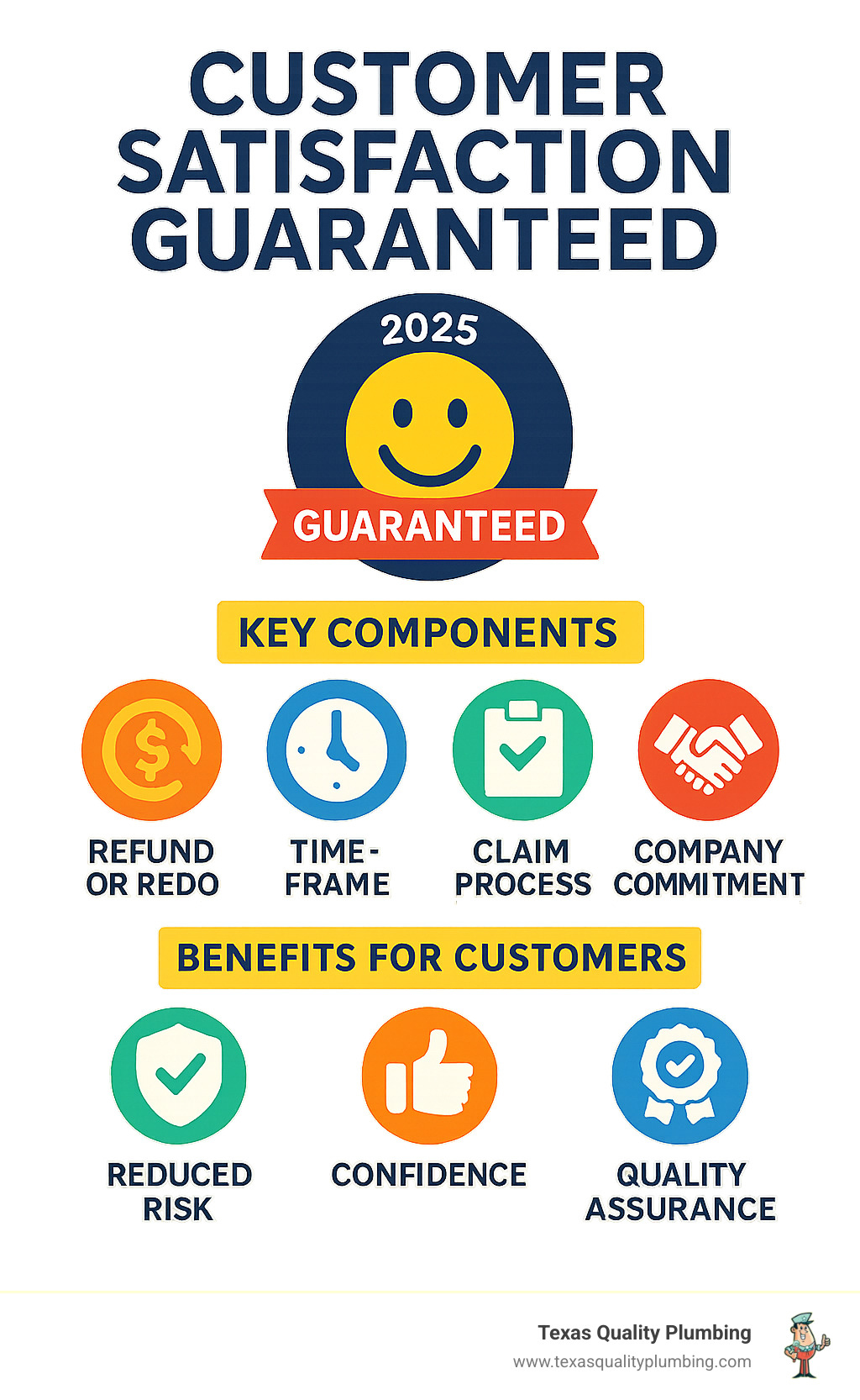 infographic showing the key components of a customer satisfaction guarantee including refund policies, timeframes, claim processes, company commitments, and the benefits for customers such as reduced risk, increased confidence, and quality assurance - Customer satisfaction guaranteed infographic 