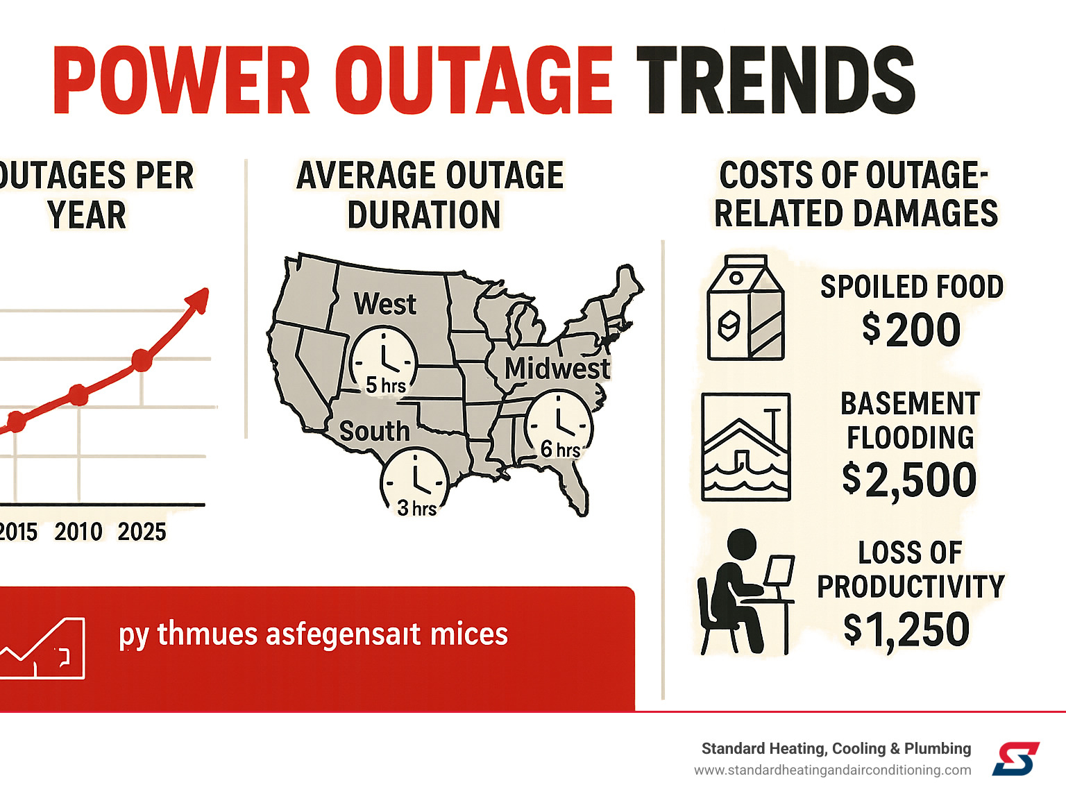 Infographic showing power outage frequency trends over recent years, average outage duration by region, and typical costs of outage-related damages including spoiled food, basement flooding, and productivity losses - best home generators infographic 