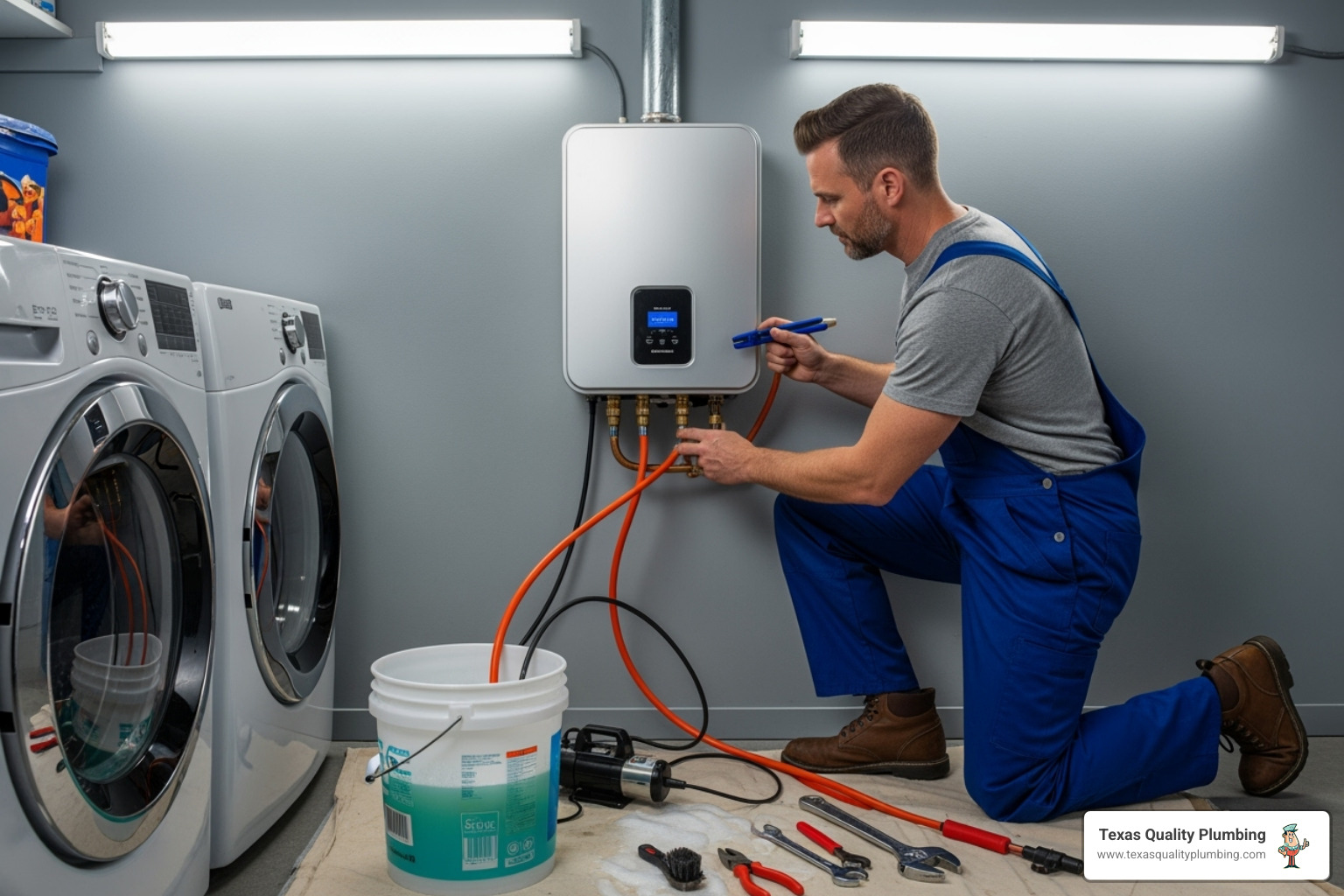 plumber performing a descaling flush on a tankless water heater - tankless water heater benefits