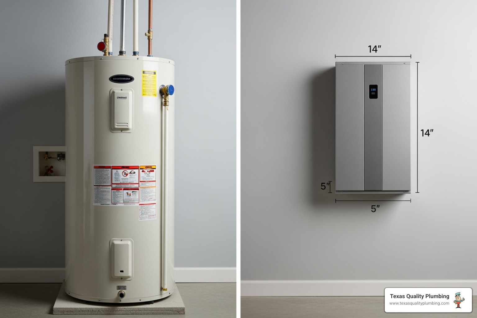 Image showing the size difference between a bulky tank heater and a compact tankless unit - tankless water heater benefits