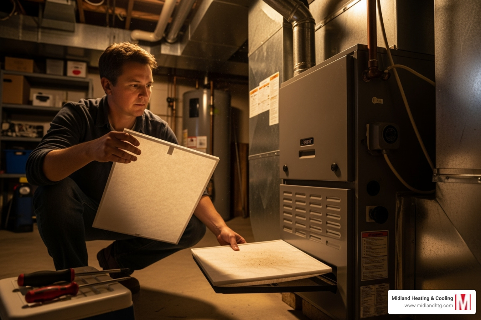 A homeowner changing a furnace filter - heater repair services minneapolis