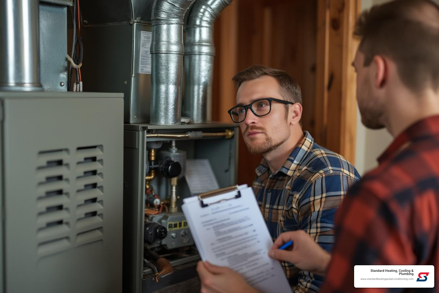 homeowner looking at their furnace with a checklist - heating system check