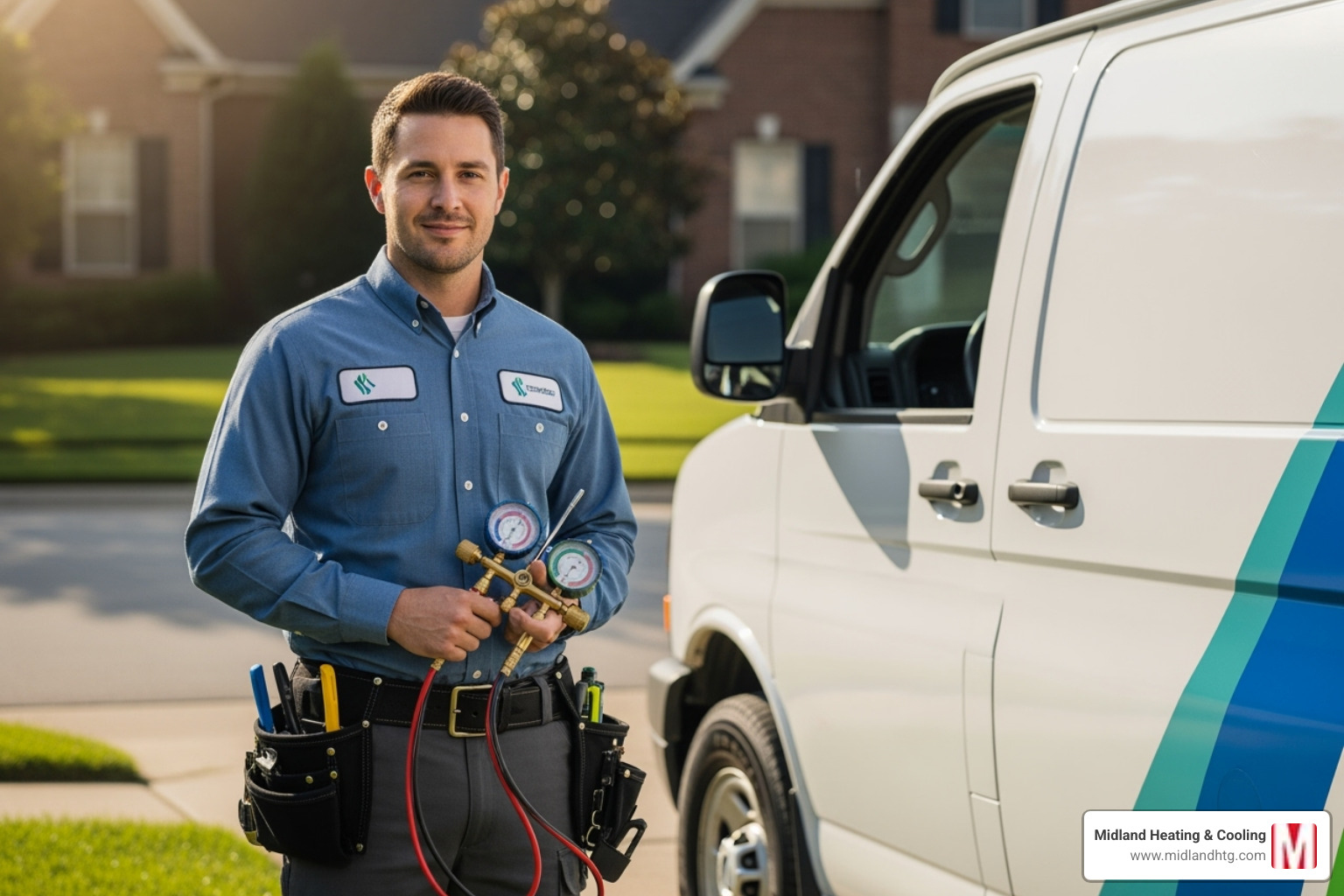 A certified HVAC technician with a service van - heater repair services minneapolis