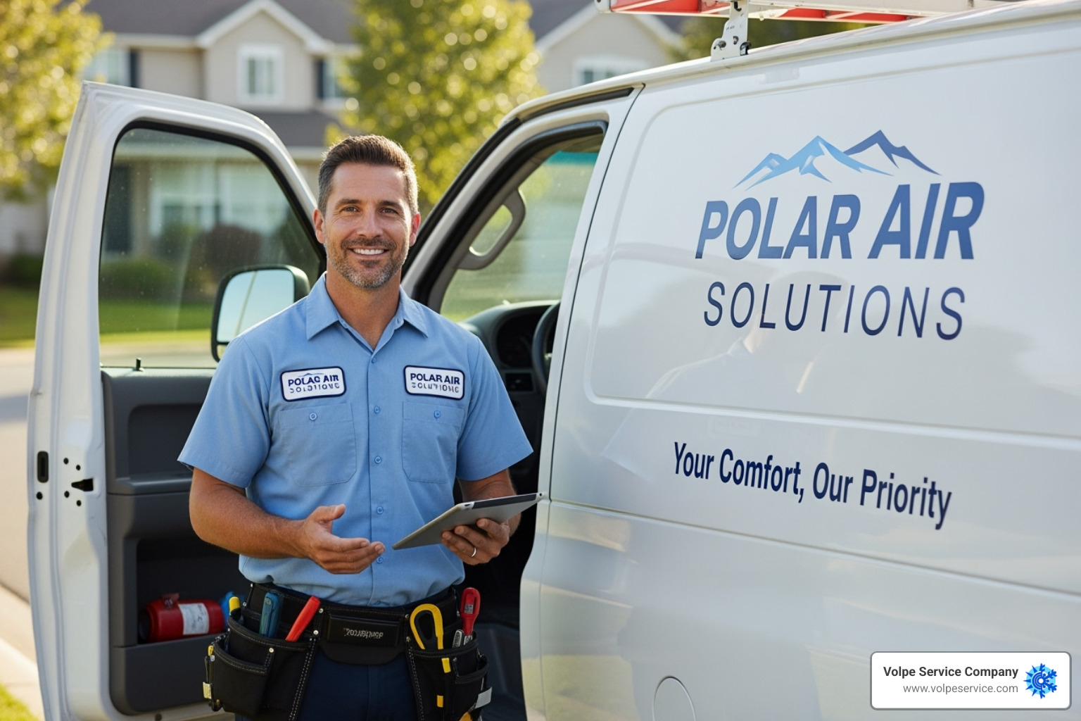 Image of a friendly Volpe Service Company technician smiling next to a service van, symbolizing reliable local service - mini split ac installation near me Image of a friendly Volpe Service Company technician smiling next to a service van, symbolizing reliable local service - mini split ac installation near me