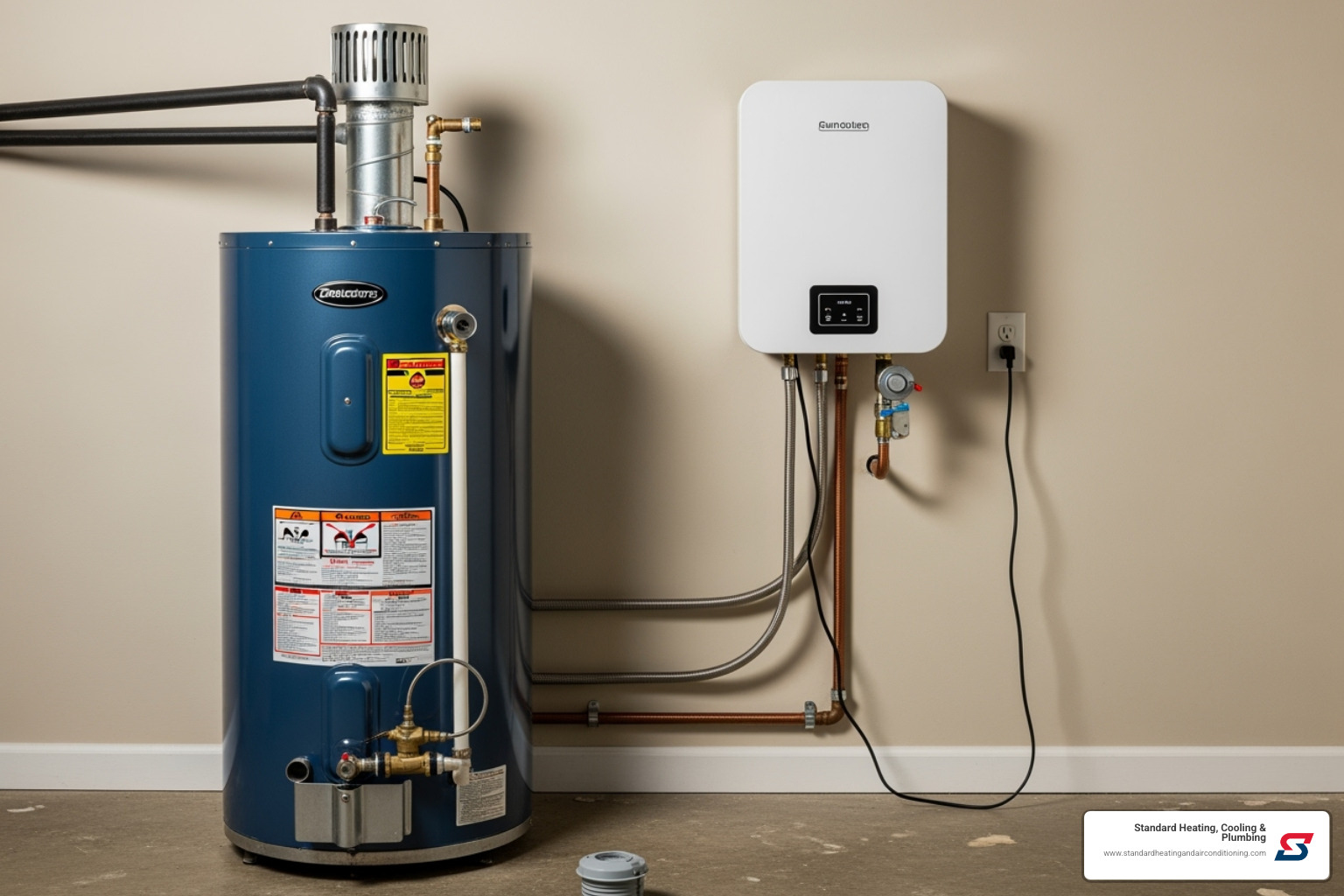 Image of a traditional tank water heater next to a compact, wall-mounted tankless unit - water heater replacement birmingham al