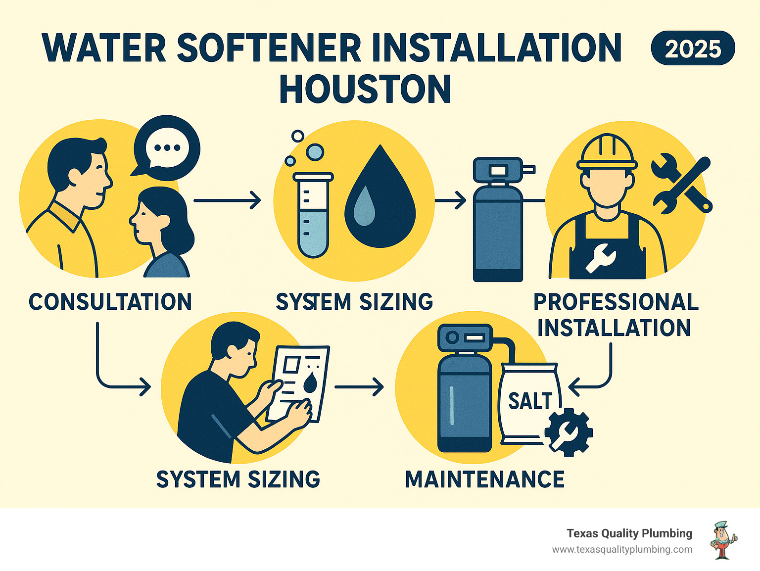 Commercial water softener installation process showing consultation, water testing, system sizing, professional installation by licensed plumbers, and ongoing maintenance services in Houston - Water softener installation Houston infographic 