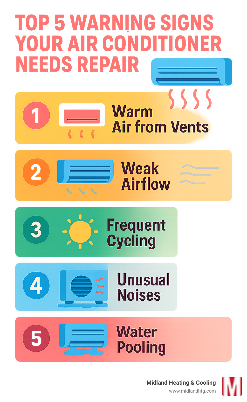 Infographic showing the top 5 warning signs your air conditioner needs repair: warm air from vents, weak airflow, frequent cycling on and off, unusual noises like grinding or squealing, and water pooling around the unit - ac repair minneapolis mn infographic 