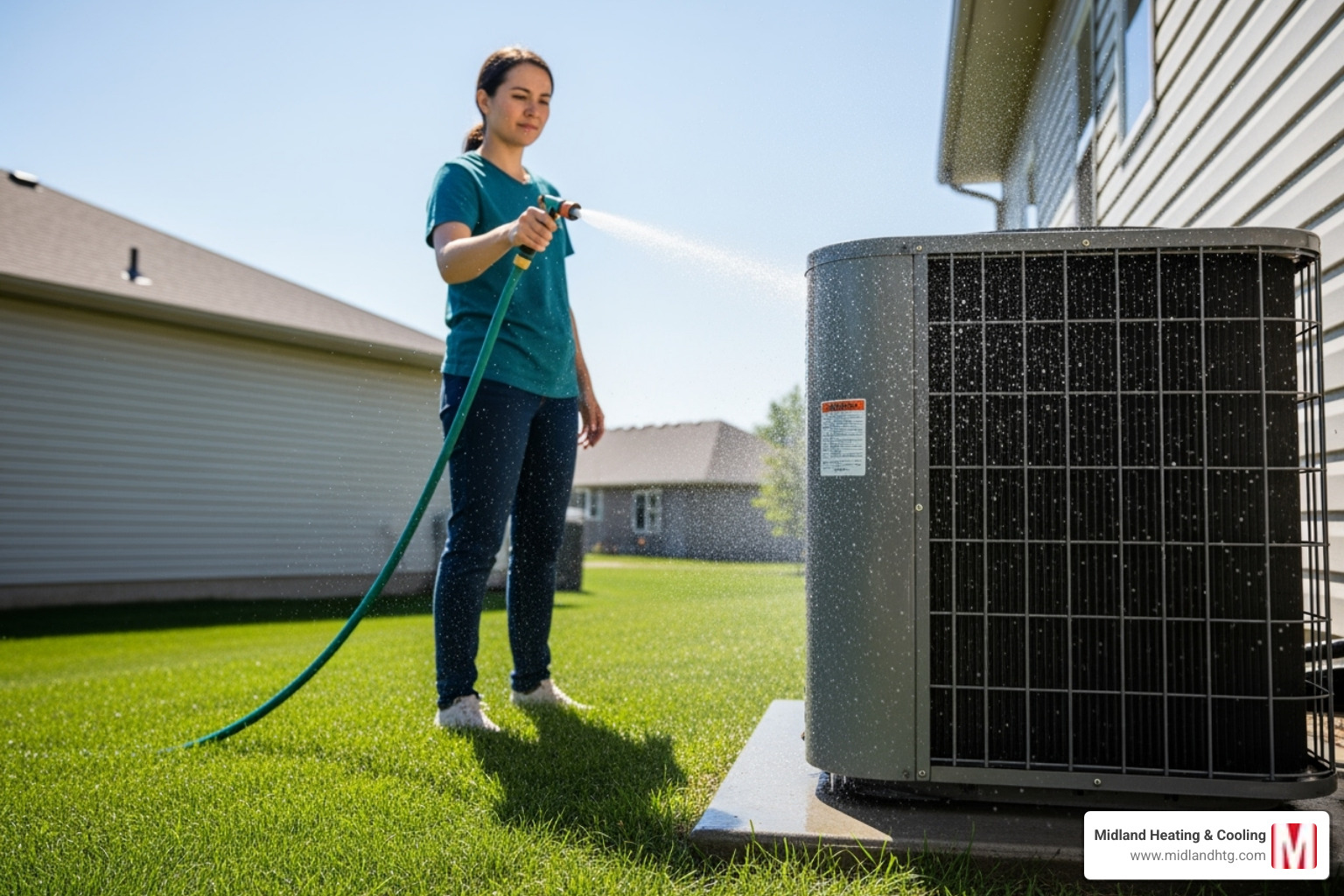 homeowner cleaning outdoor AC unit - ac repair minneapolis mn