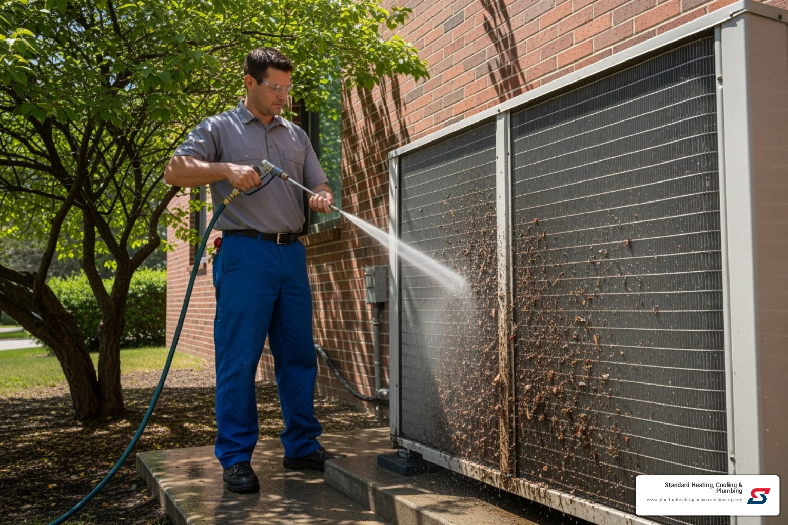 of a technician cleaning an outdoor AC condenser coil - hvac contractor birmingham al of a technician cleaning an outdoor AC condenser coil - hvac contractor birmingham al