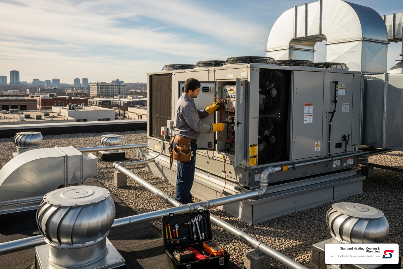 of a technician servicing a commercial rooftop HVAC unit - hvac contractor birmingham al of a technician servicing a commercial rooftop HVAC unit - hvac contractor birmingham al