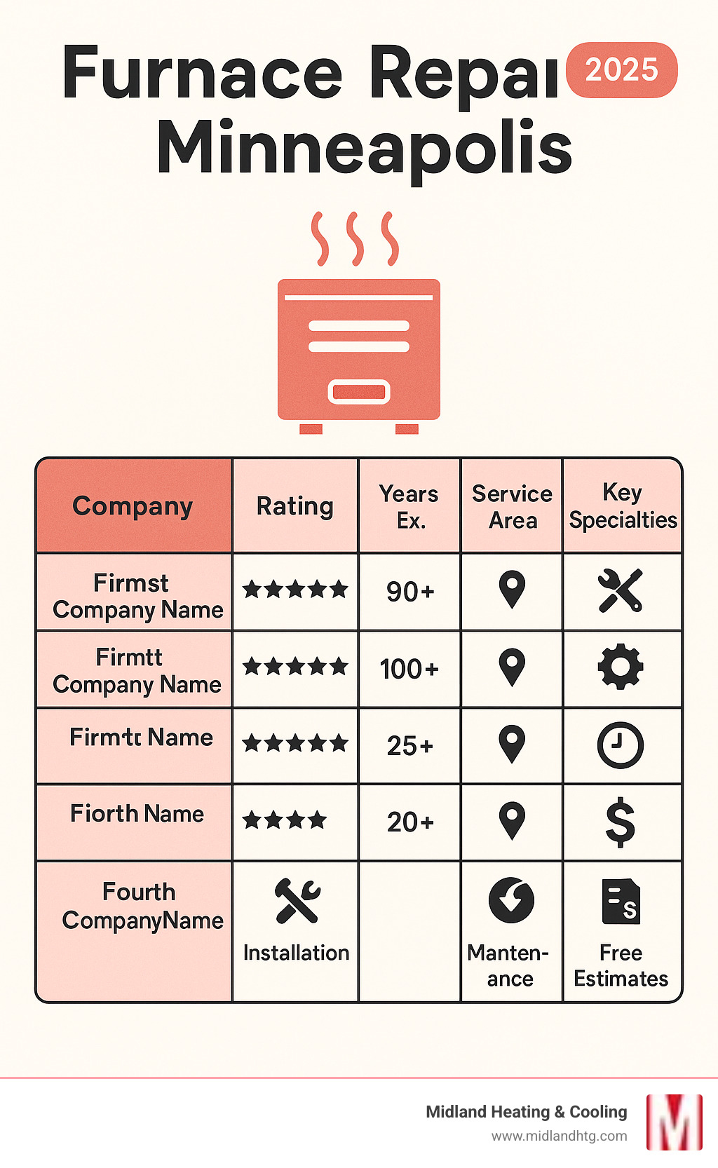 Comprehensive comparison of Minneapolis furnace repair services showing company ratings, years of experience, service areas, emergency availability, and key specialties for homeowners to evaluate top providers - furnace repair minneapolis infographic Comprehensive comparison of Minneapolis furnace repair services showing company ratings, years of experience, service areas, emergency availability, and key specialties for homeowners to evaluate top providers - furnace repair minneapolis infographic