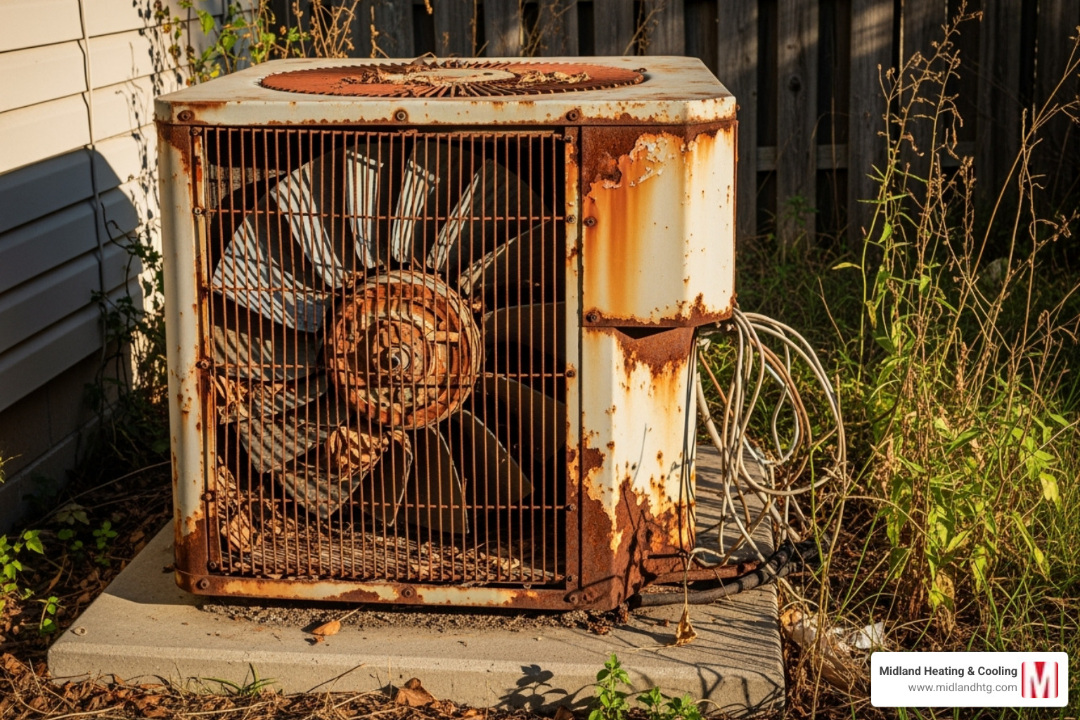 An old, rusty outdoor AC unit - Emergency AC services
