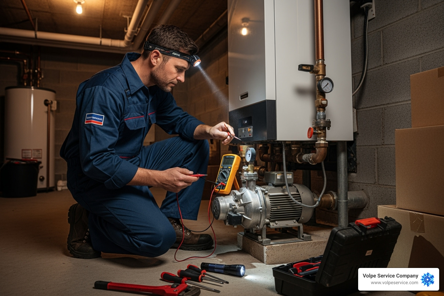 A technician inspecting a boiler pump - boiler pump replacement