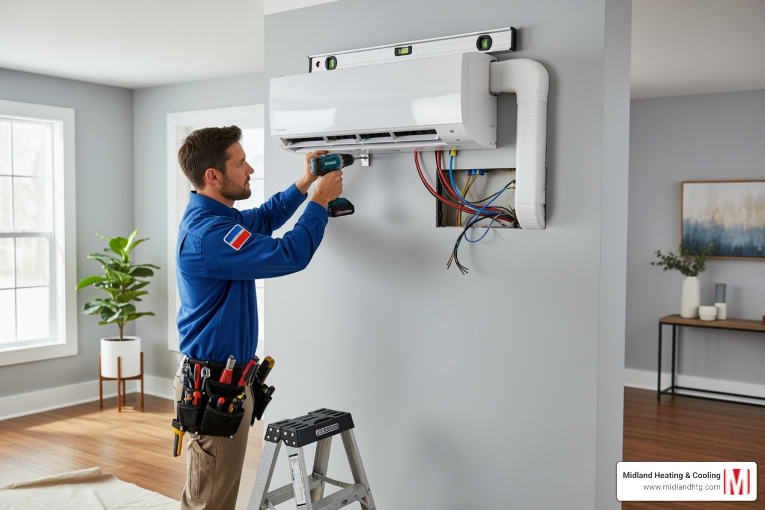 Image of a certified technician professionally installing an indoor unit on a wall, showcasing the clean and efficient process - ductless ac minneapolis minnesota