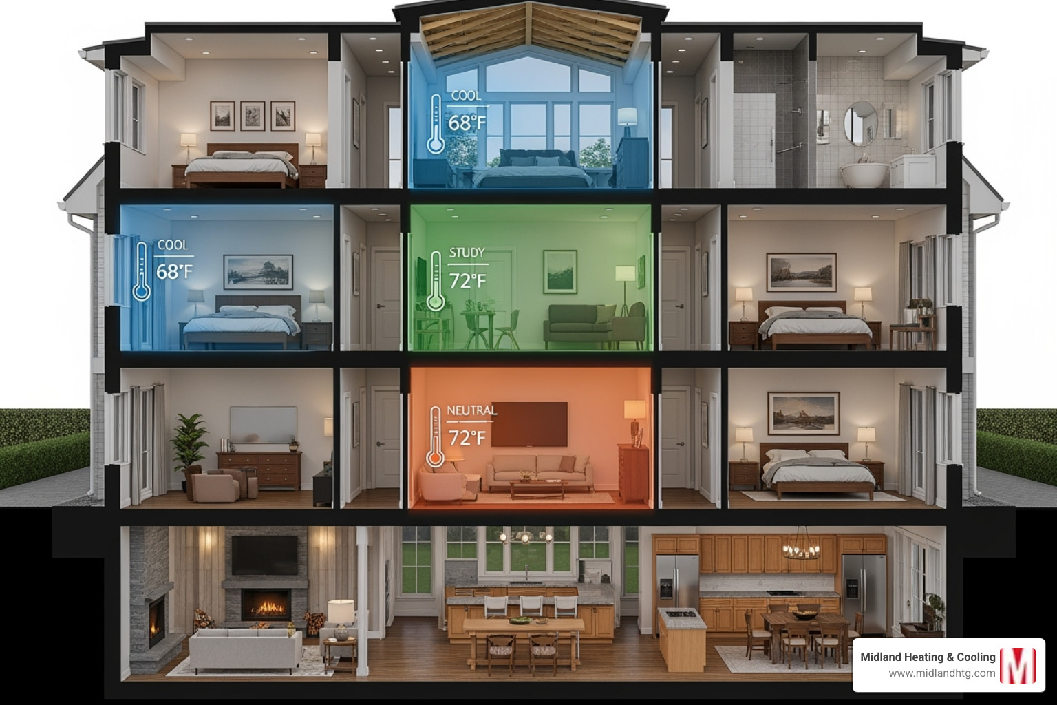 Image showing a home with different temperatures displayed in different rooms, illustrating zoned comfort - ductless ac minneapolis minnesota