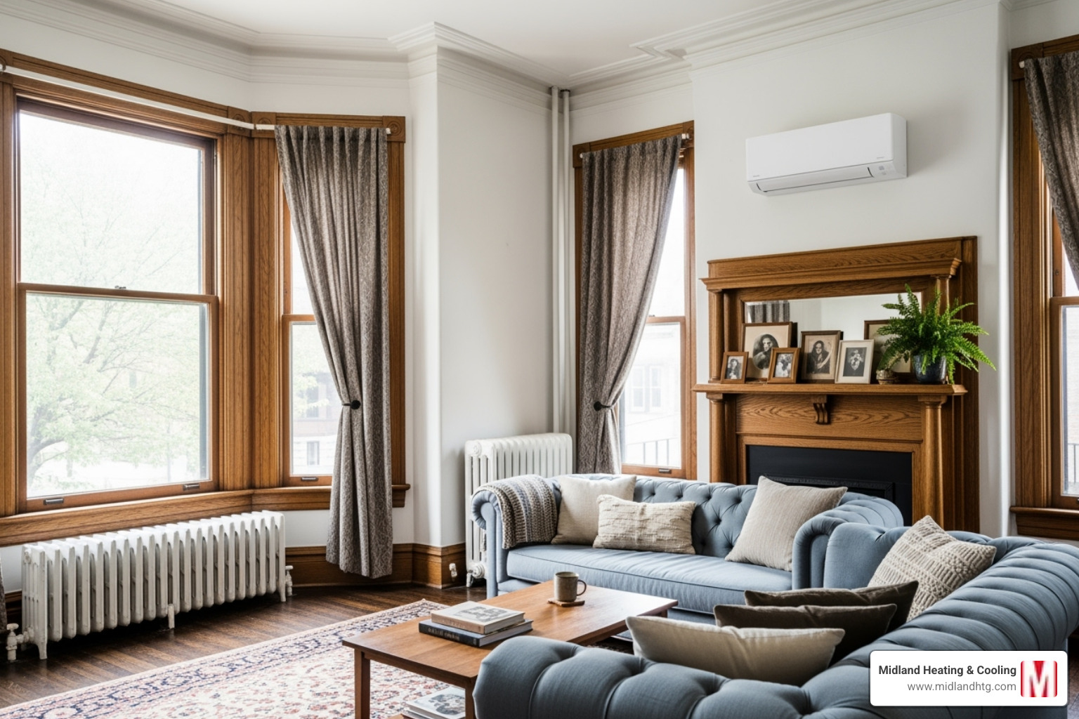 Image of a classic older Minneapolis home with radiators, showing where a sleek, wall-mounted ductless unit could be placed to provide cooling - ductless ac minneapolis minnesota