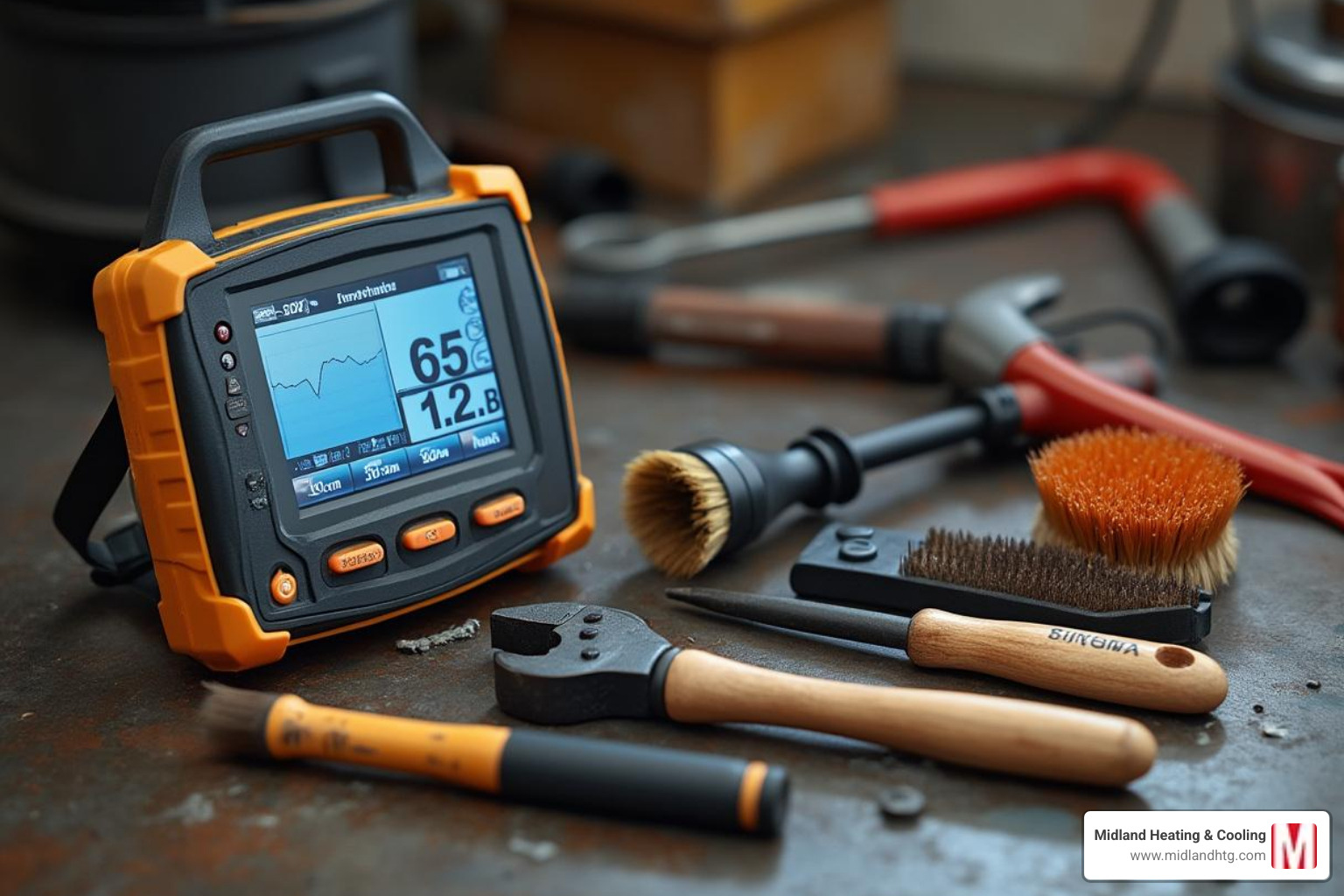 image of a technician's toolkit including a combustion analyzer and brushes - Annual furnace maintenance