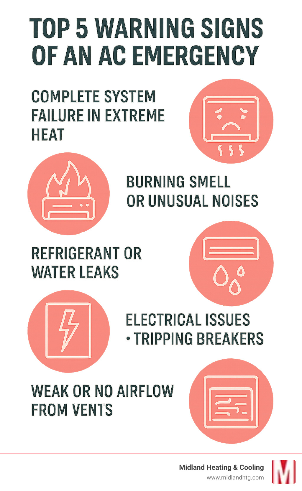 Infographic showing the top 5 warning signs of an AC emergency: complete system failure in extreme heat, burning smells or unusual noises, refrigerant or water leaks, electrical issues with tripping breakers, and weak or no airflow from vents - Emergency AC services infographic 