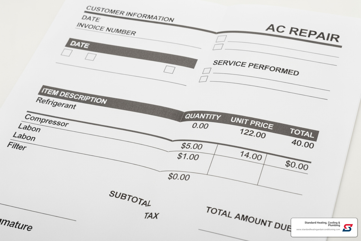 itemized invoice for an AC repair - ac repair birmingham al