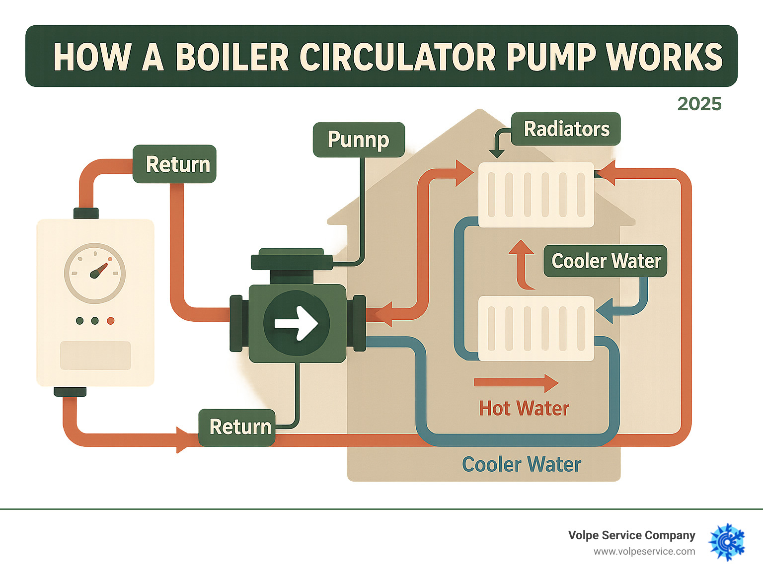 Detailed infographic showing how a boiler circulator pump moves hot water from the boiler through pipes to radiators throughout the home, then back to the boiler for reheating, with arrows indicating water flow direction and labels for key components like the pump, boiler, radiators, and return pipes - boiler pump replacement infographic 