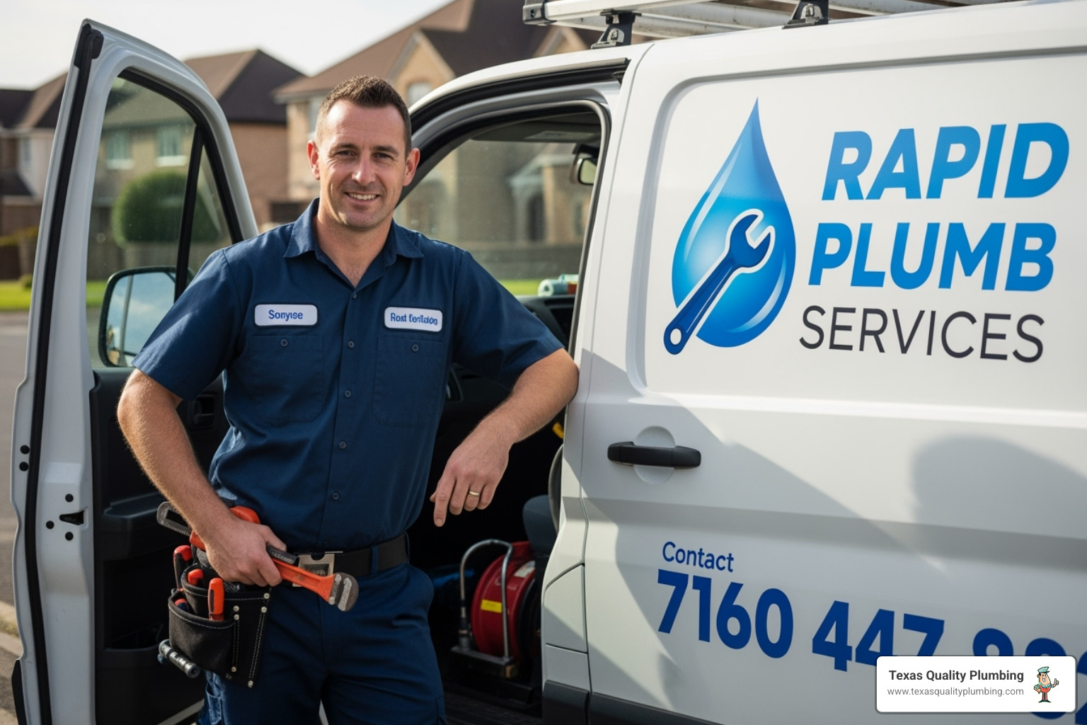 professional plumber with logoed van and uniform - tankless water heater service near me