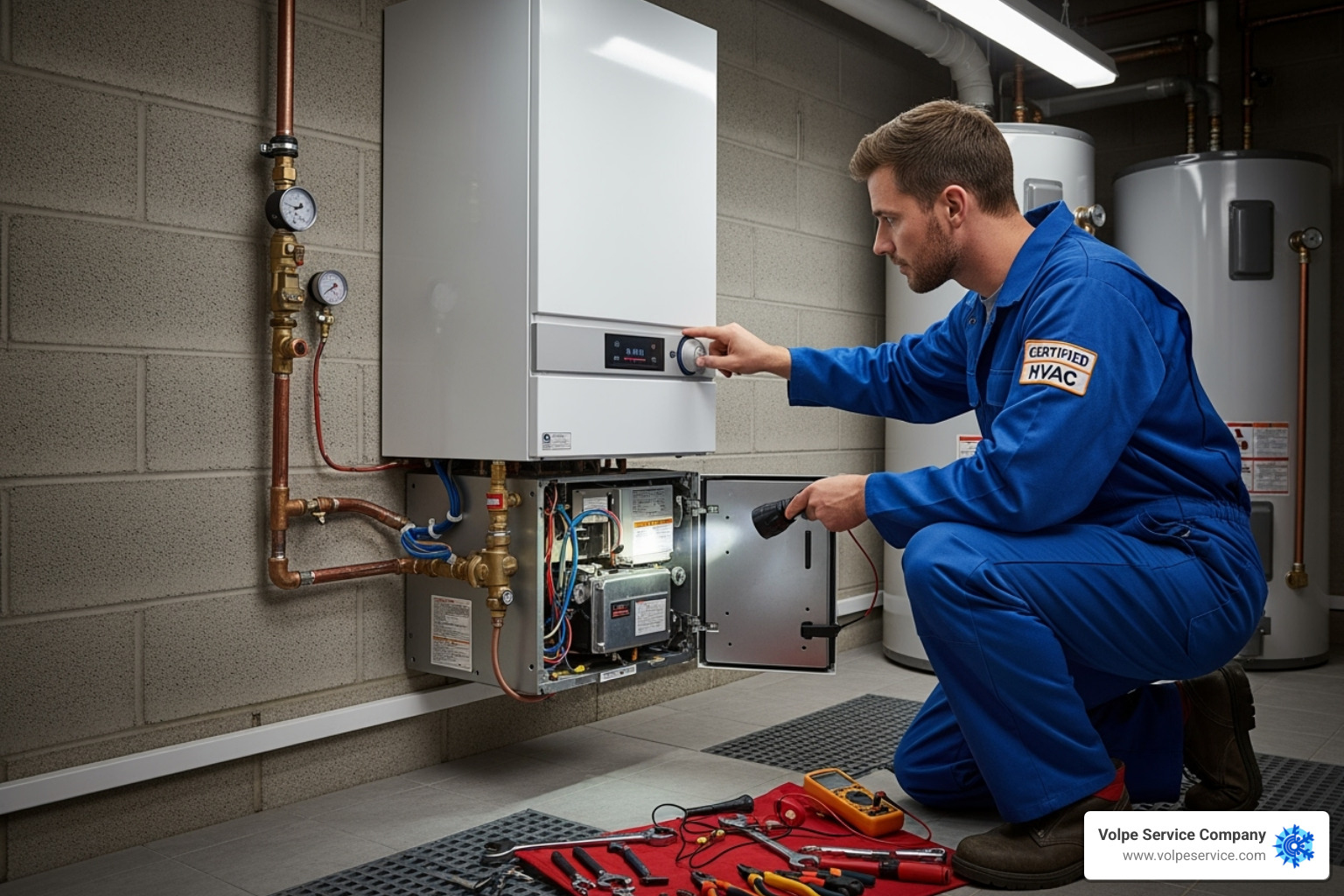 certified HVAC technician working on a boiler - boiler repair chester county