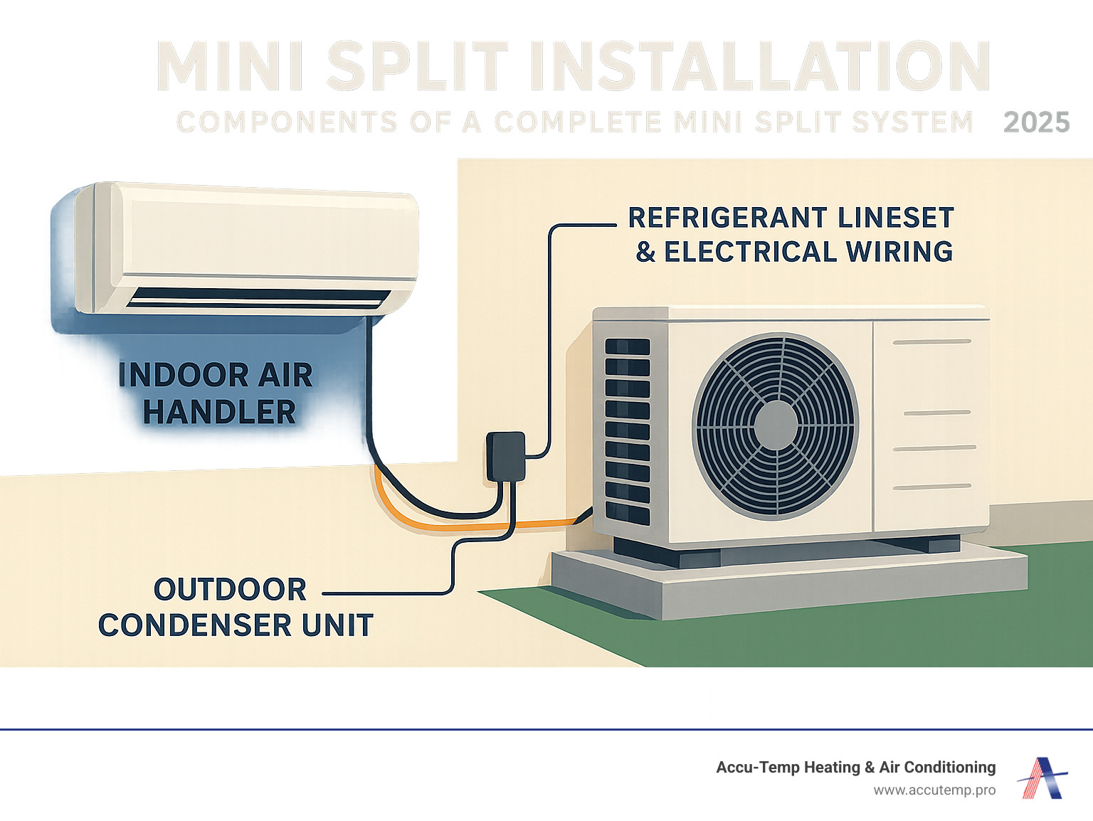 Complete mini split system components showing indoor air handler mounted on wall, outdoor condenser unit on concrete pad, and refrigerant lineset connecting the two units with electrical wiring - mini split installation infographic Complete mini split system components showing indoor air handler mounted on wall, outdoor condenser unit on concrete pad, and refrigerant lineset connecting the two units with electrical wiring - mini split installation infographic
