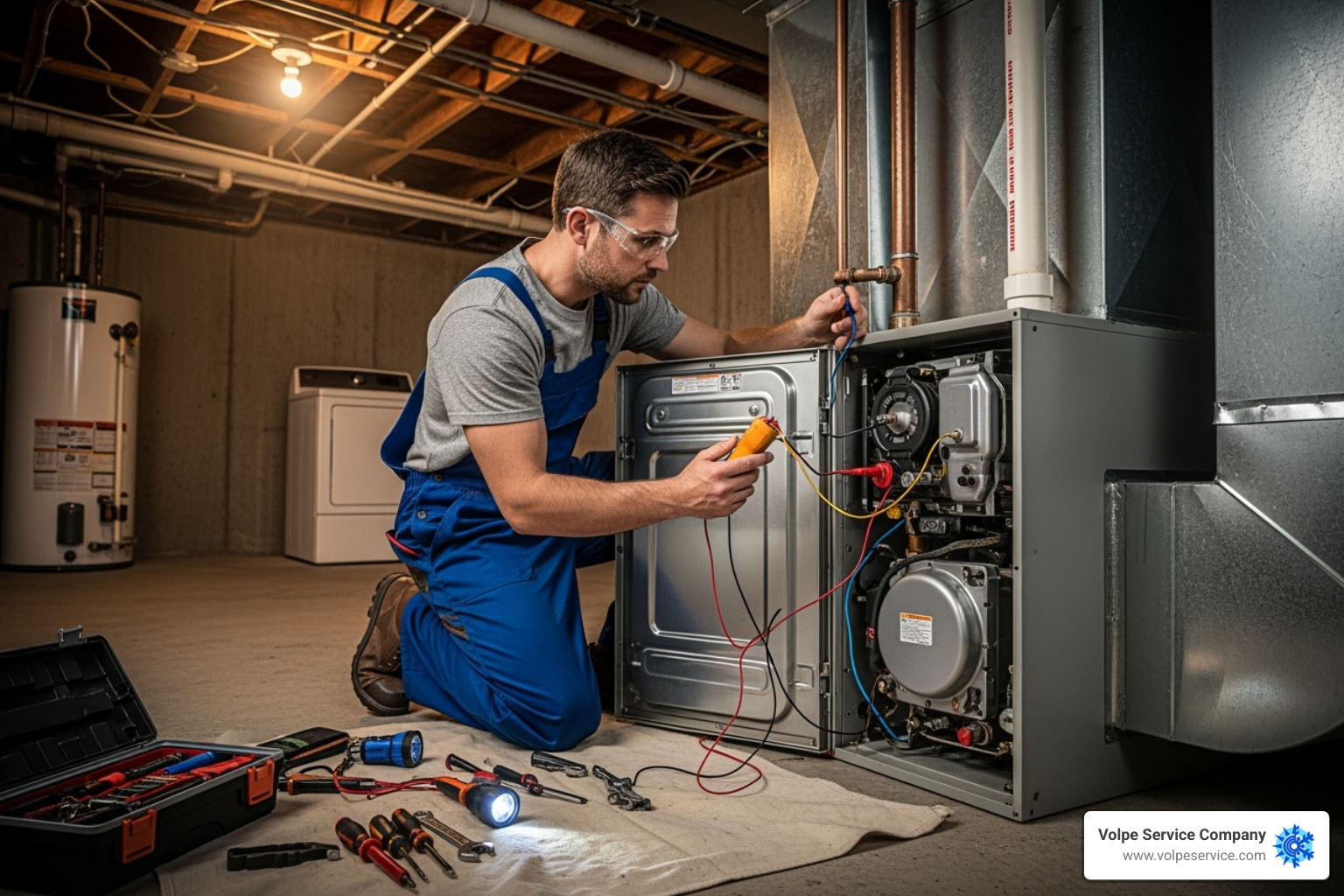 Professional HVAC technician working on a furnace - Furnace blowing cold air Professional HVAC technician working on a furnace - Furnace blowing cold air