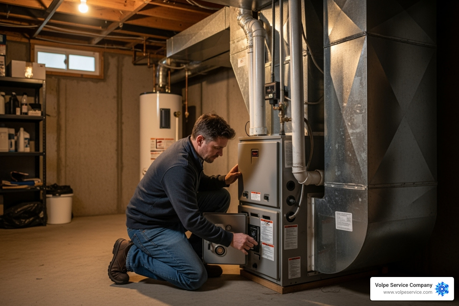 Homeowner inspecting their furnace unit - Furnace blowing cold air Homeowner inspecting their furnace unit - Furnace blowing cold air