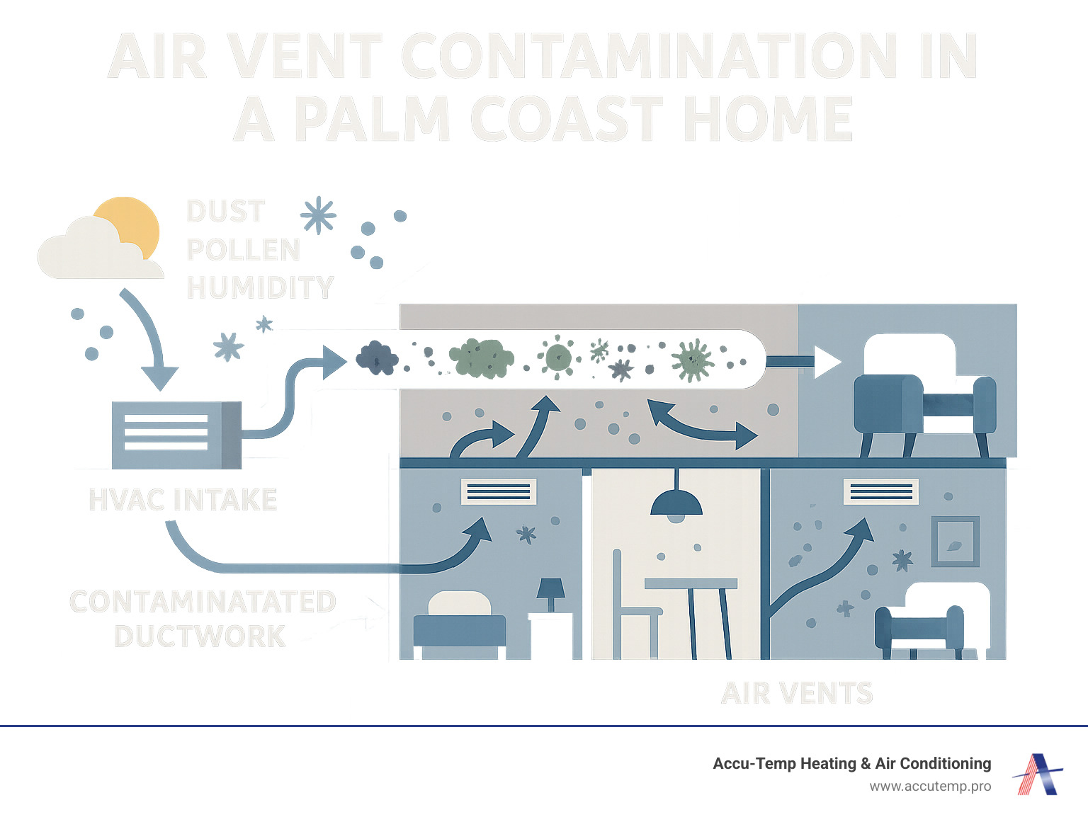 Infographic showing the journey of outdoor pollutants, dust, pollen, and humidity entering through HVAC intake, traveling through contaminated ductwork filled with debris and mold spores, and circulating throughout Palm Coast home rooms via air vents, with arrows indicating airflow patterns and contamination spread - air vent cleaning palm coast infographic Infographic showing the journey of outdoor pollutants, dust, pollen, and humidity entering through HVAC intake, traveling through contaminated ductwork filled with debris and mold spores, and circulating throughout Palm Coast home rooms via air vents, with arrows indicating airflow patterns and contamination spread - air vent cleaning palm coast infographic