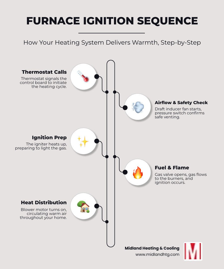 Detailed infographic showing the furnace ignition sequence: 1) Thermostat calls for heat, 2) Control board receives signal, 3) Draft inducer fan starts, 4) Pressure switch confirms airflow, 5) Igniter heats up, 6) Gas valve opens, 7) Burners ignite, 8) Heat exchanger warms, 9) Blower motor distributes heated air throughout home - furnace circuit board repair infographic infographic-line-5-steps-neat_beige