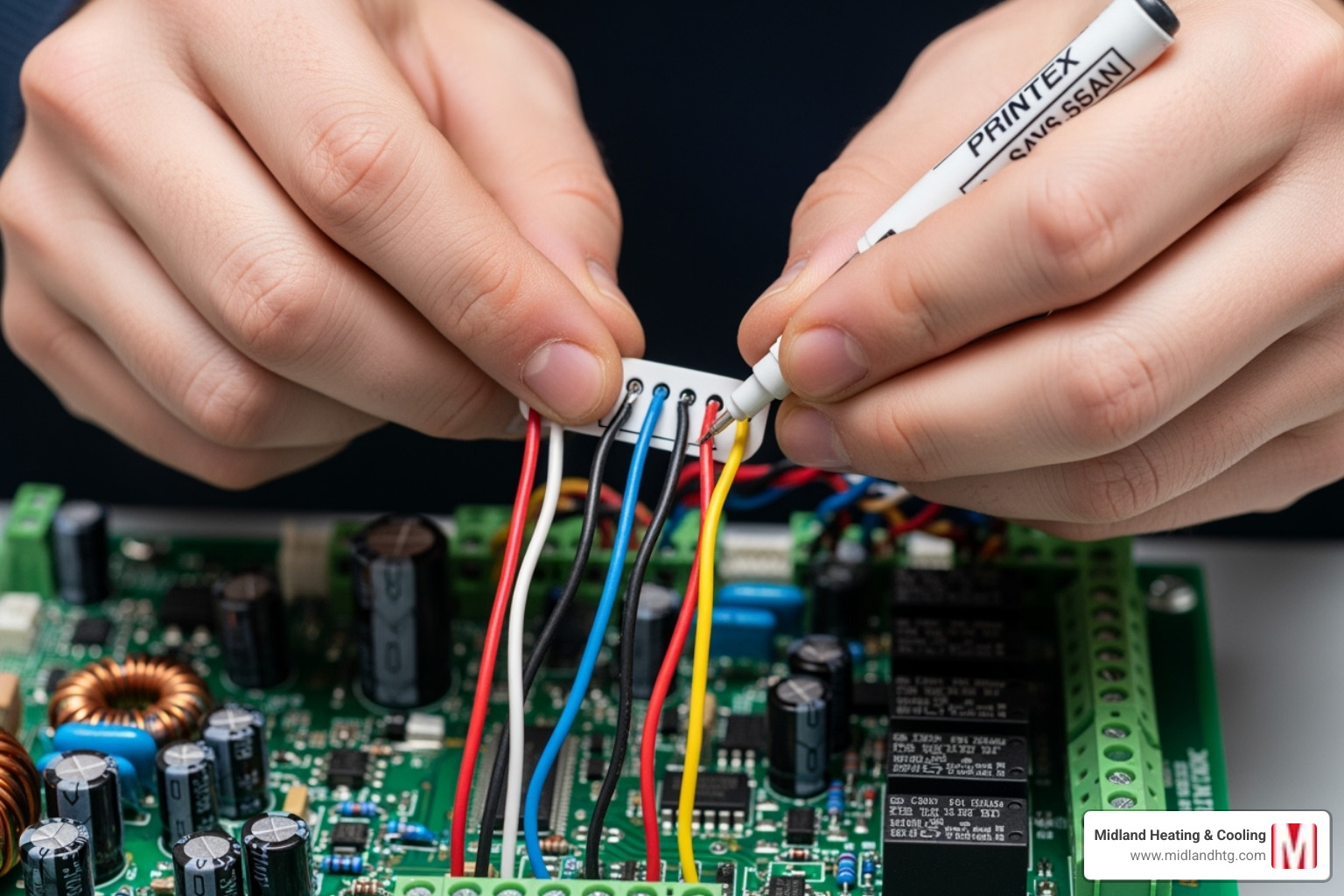 person carefully labeling wires on a furnace circuit board - furnace circuit board repair