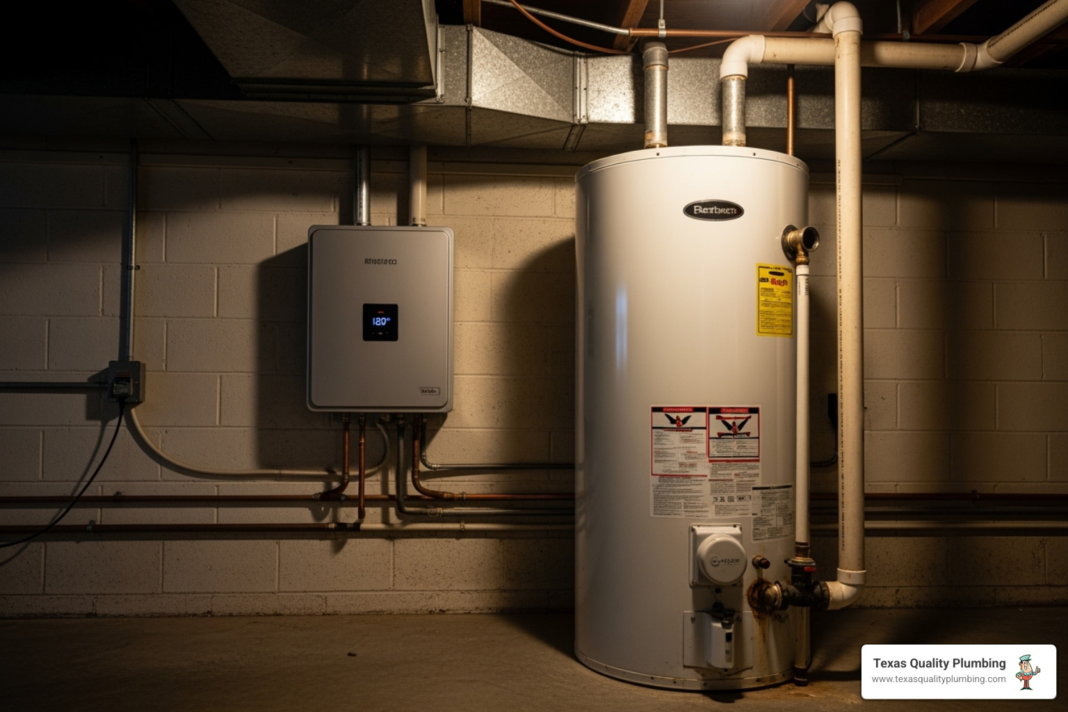 new tankless water heater next to an old tank model - hot water heater repair houston