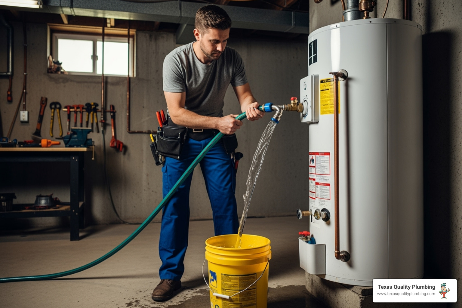 technician flushing a water heater tank - hot water heater repair houston