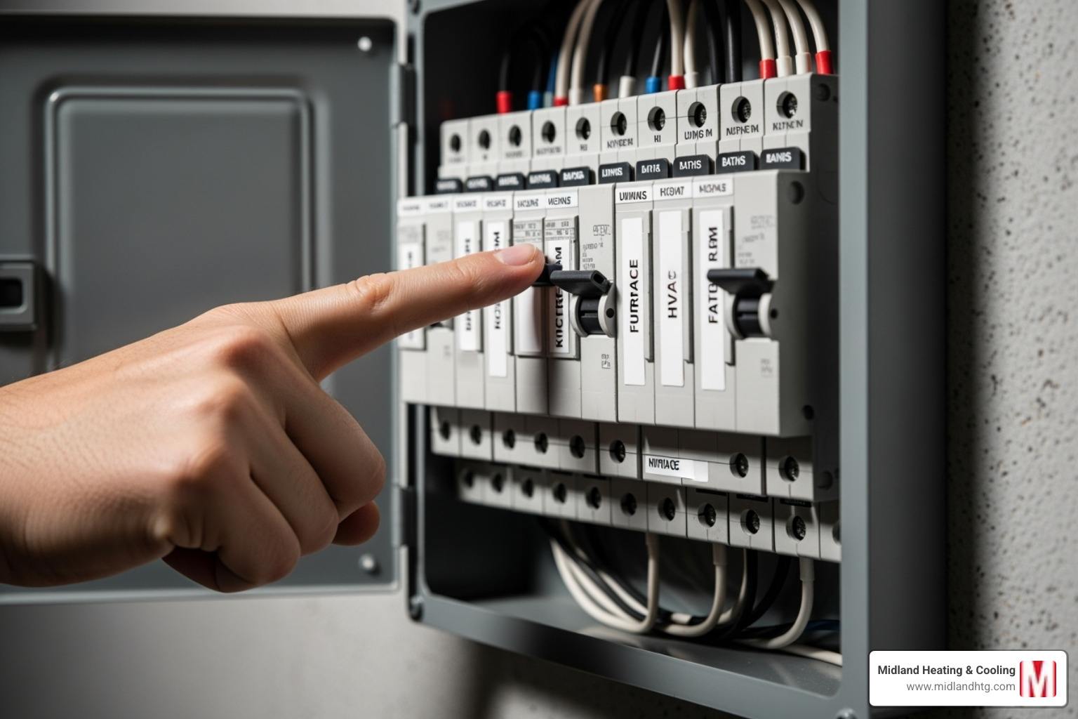 home electrical panel with a finger pointing to a furnace breaker - furnace not heating