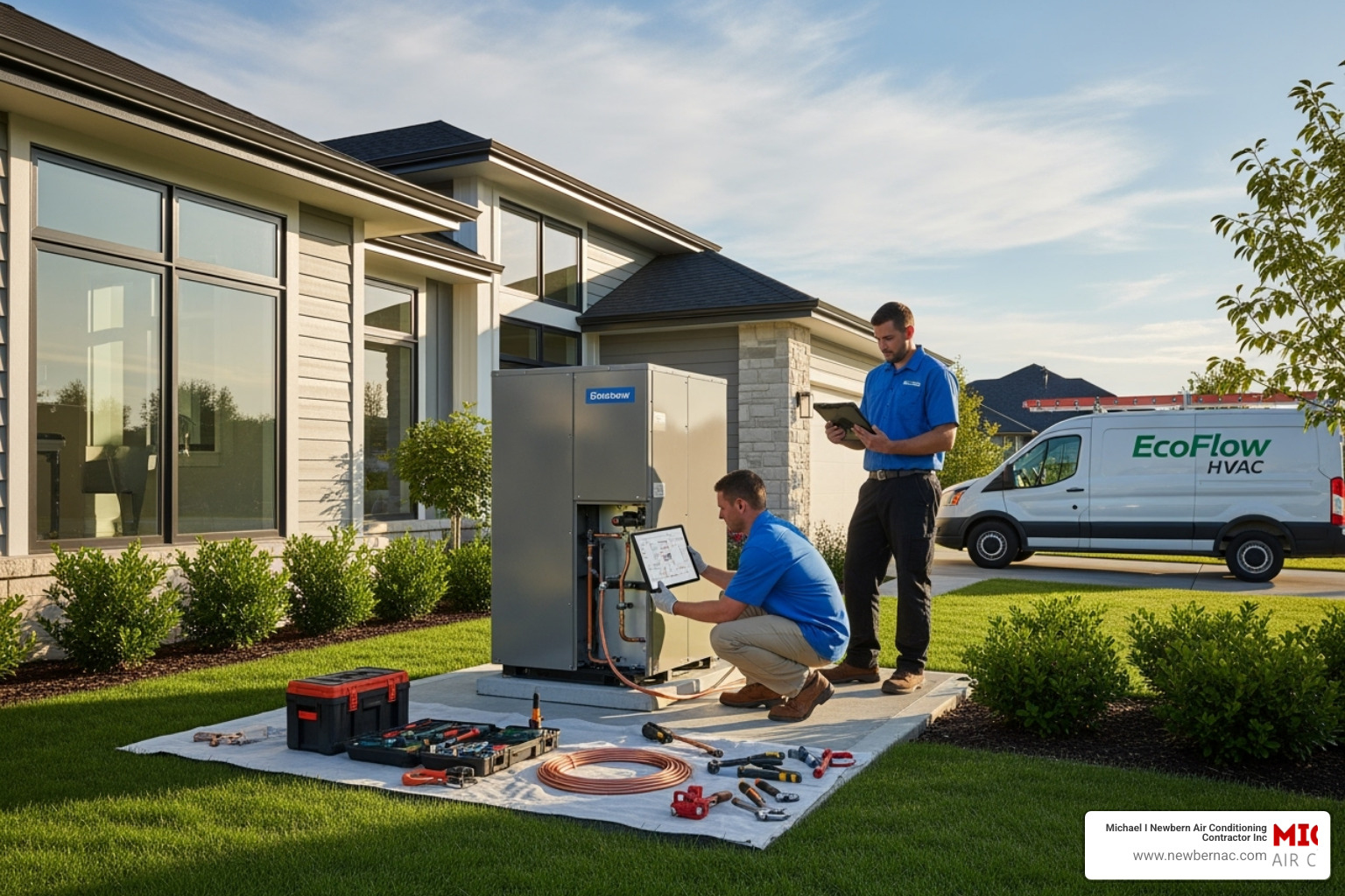 New high-efficiency heat pump system being installed - heat pump repair lakeland