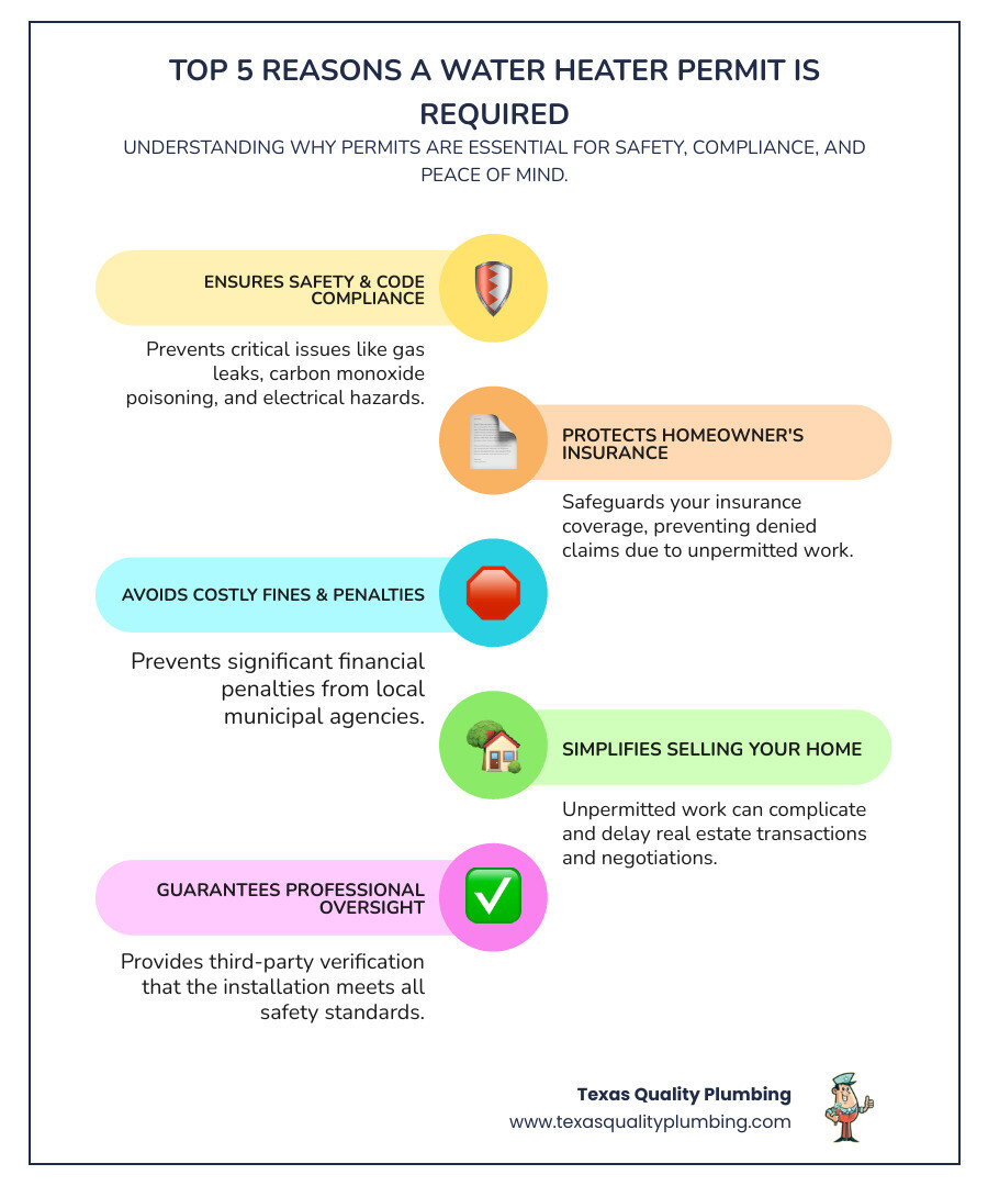 Infographic: Top 5 Reasons a Water Heater Permit is Required: 1. Ensures Safety & Code Compliance (prevents gas leaks, carbon monoxide, electrical hazards). 2. Protects Homeowner's Insurance Coverage (prevents denied claims). 3. Avoids Costly Fines & Penalties (local agencies can fine hundreds per day). 4. Simplifies Selling Your Home (unpermitted work complicates sales). 5. Guarantees Professional Oversight & Inspection (third-party verification of proper installation). - do i need a permit to install a water heater infographic infographic-line-5-steps-colors