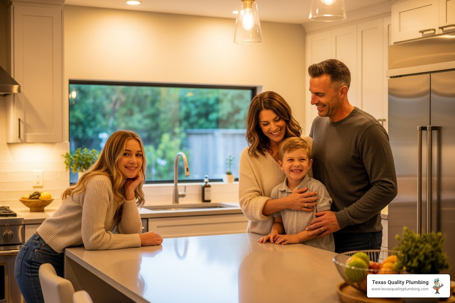 smiling family in their kitchen, indicating no worries about their hot water - do i need a permit to install a water heater