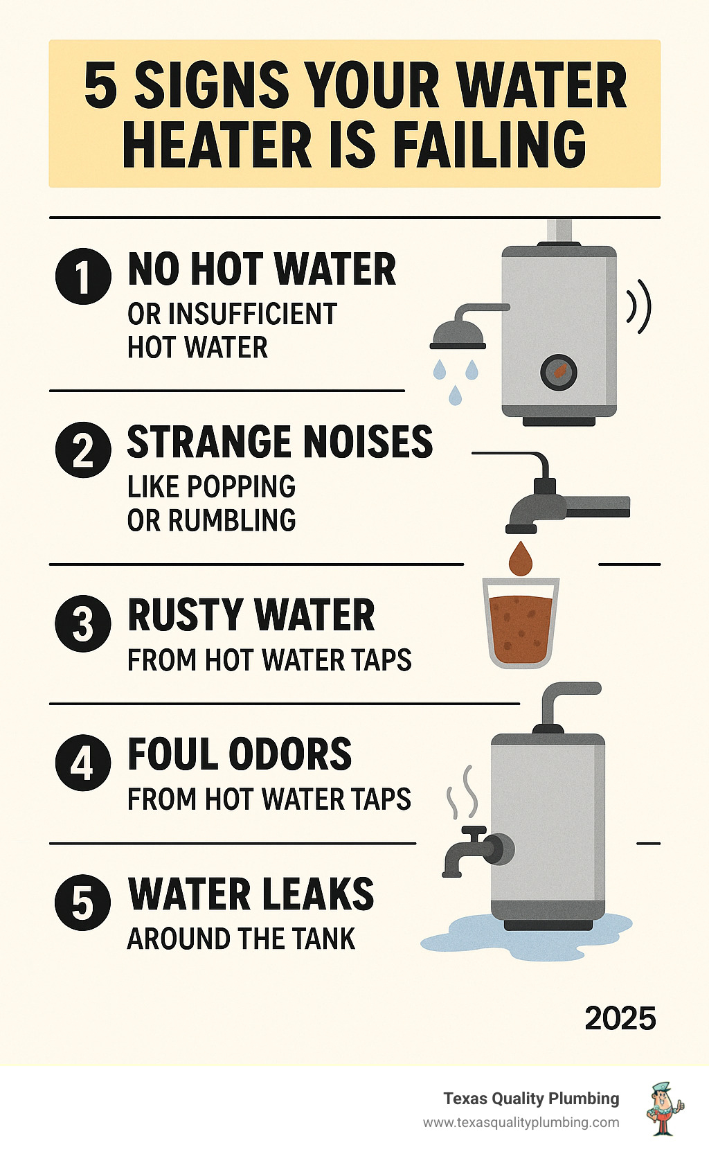 Infographic showing the 5 most common signs a water heater is failing: no hot water or insufficient hot water, strange noises like popping or rumbling, discolored rusty water, foul odors from hot water taps, and visible leaks around the tank base or fittings - hot water heater repair houston infographic 
