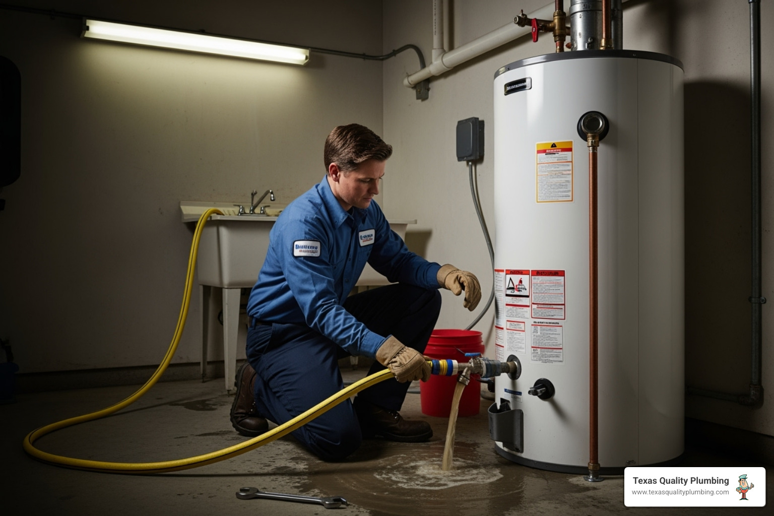 technician flushing a water heater tank as part of routine maintenance - water heater service technician