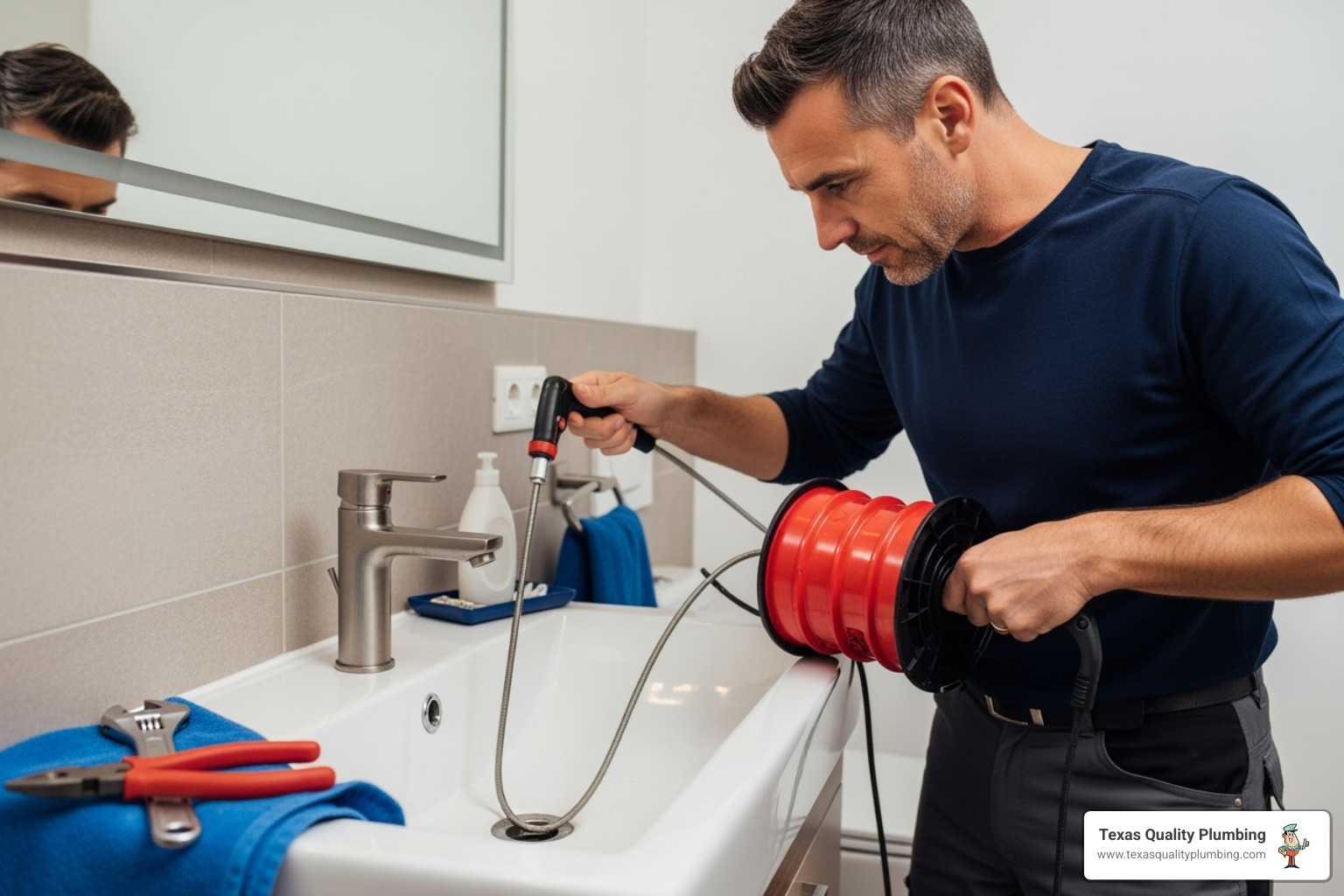 plumber using professional drain snake on bathroom sink - drain cleaning services houston