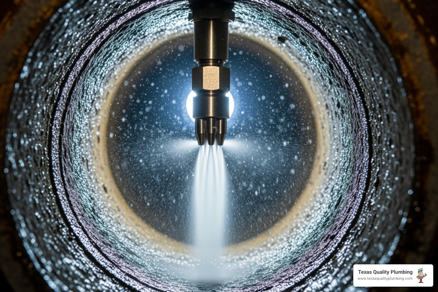 hydro-jetting nozzle spraying high-pressure water inside a pipe - drain cleaning services houston