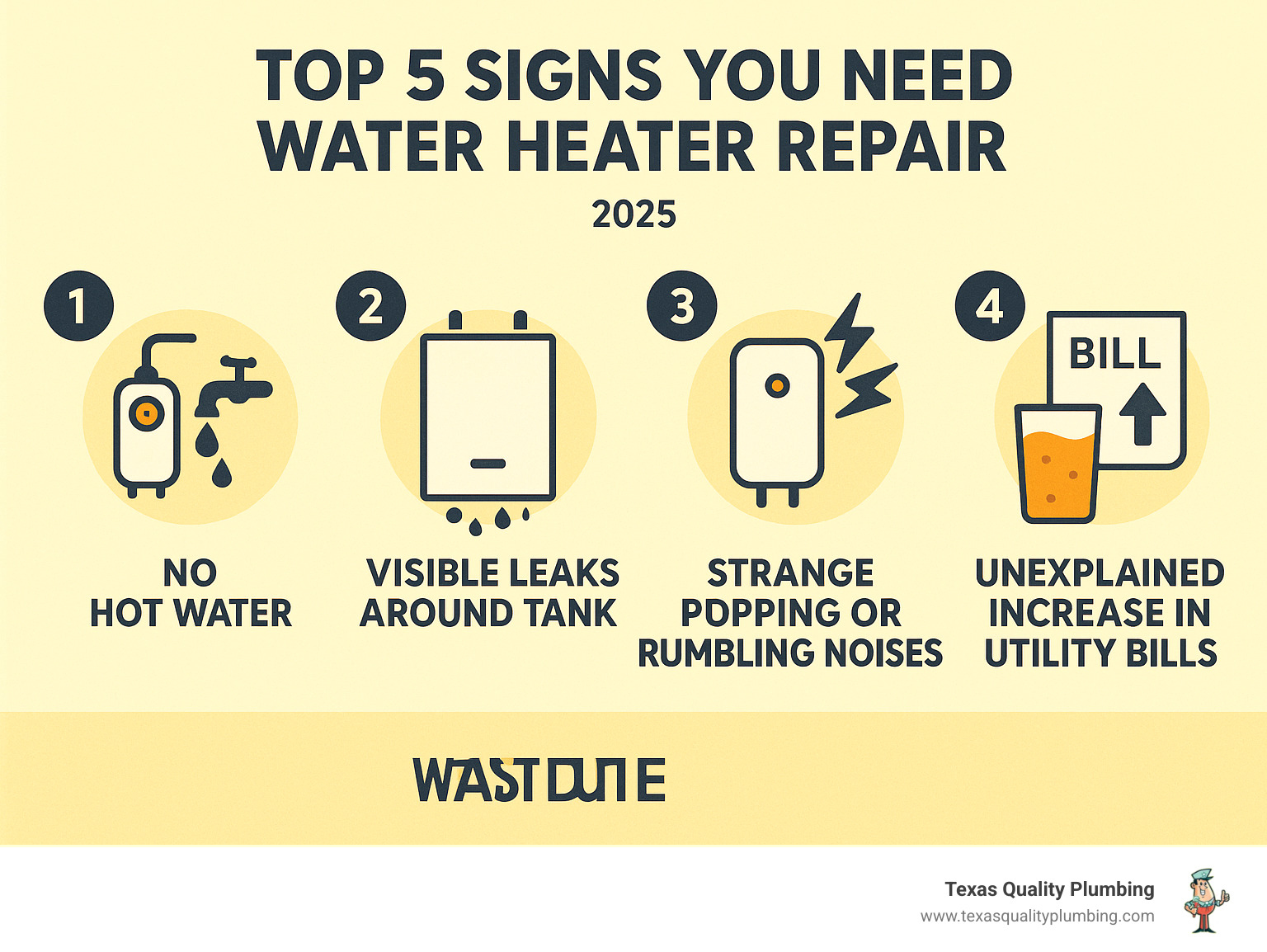 Top 5 signs you need water heater repair showing no hot water, visible leaks around tank, strange popping or rumbling noises, rusty or discolored water, and unexplained increase in utility bills - water heater service technician infographic 