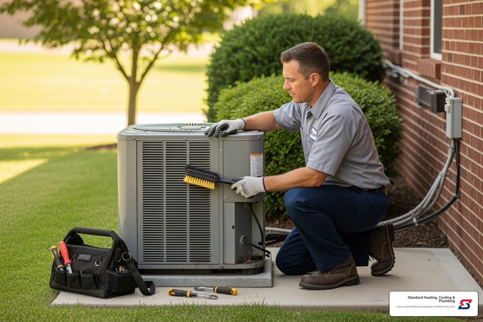 A professional HVAC technician carefully cleans and inspects the outdoor unit of an AC system, ensuring optimal performance and longevity. - Complete AC system