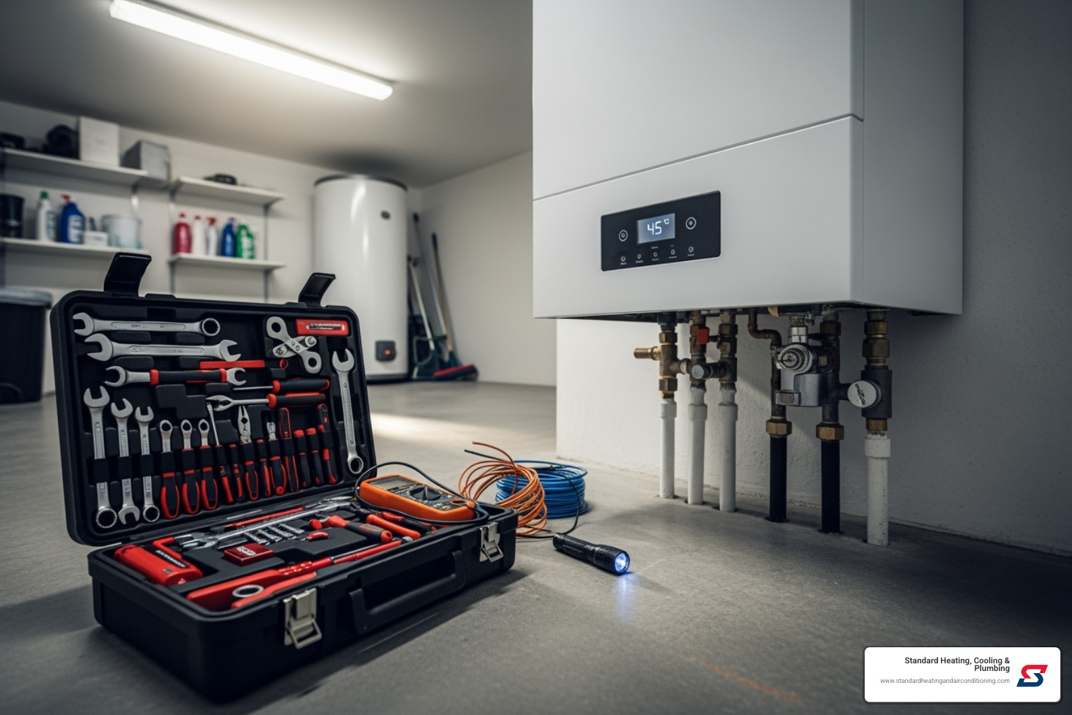 a technician's toolkit next to a boiler unit - boiler service Birmingham