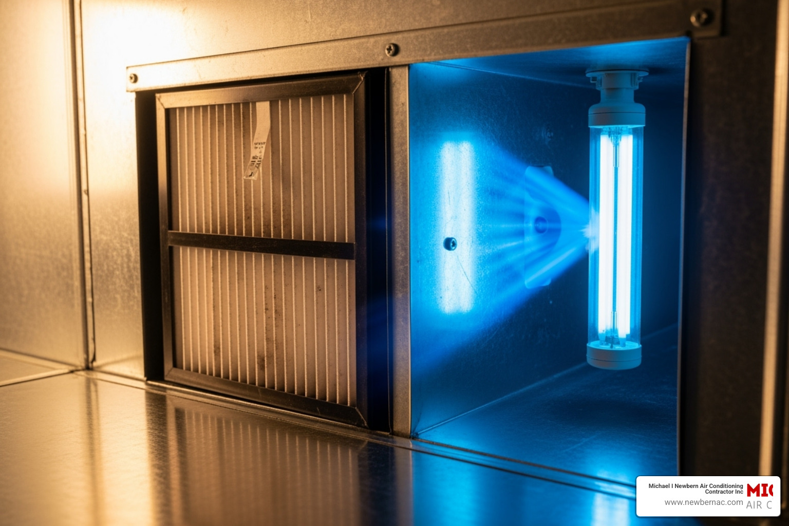 Image showing the inside of an HVAC system with different types of whole-home purifiers highlighted (filter, UV light) - Air purification system installation