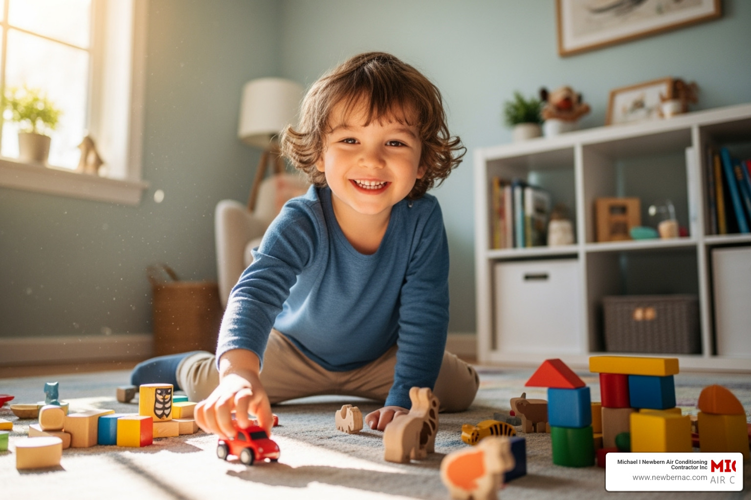 Image of a person breathing easily or a child playing without allergy symptoms - Air purification system installation